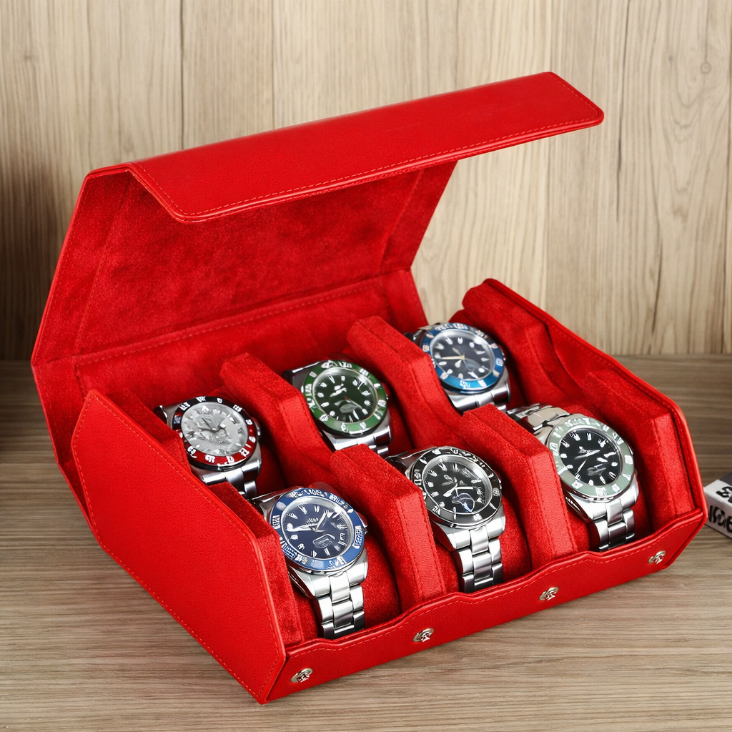 ETUIS 6 MONTRES - CUIR ROUGE