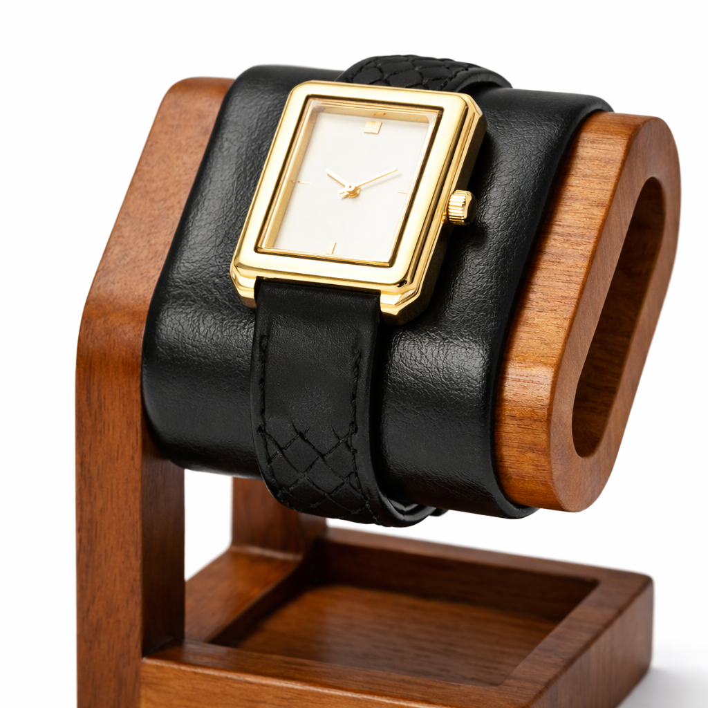 SUPPORT DE MONTRE EN BOIS ET CUIR - PORTE MONTRE POUR VITRINE