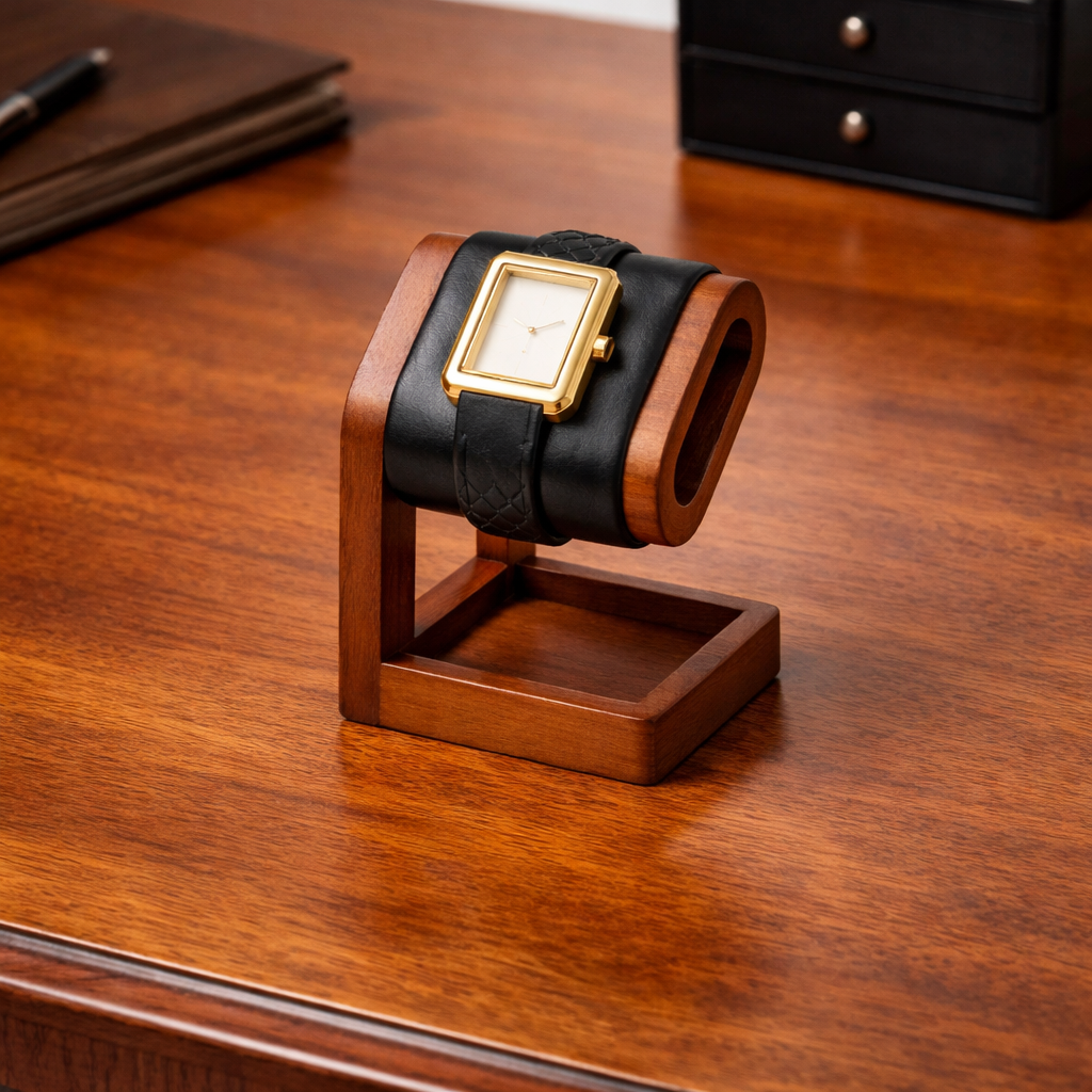 SUPPORT DE MONTRE EN BOIS ET CUIR - PORTE MONTRE POUR VITRINE