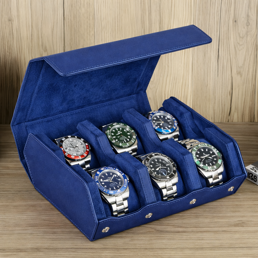 ETUIS 6 MONTRES - CUIR BLEU