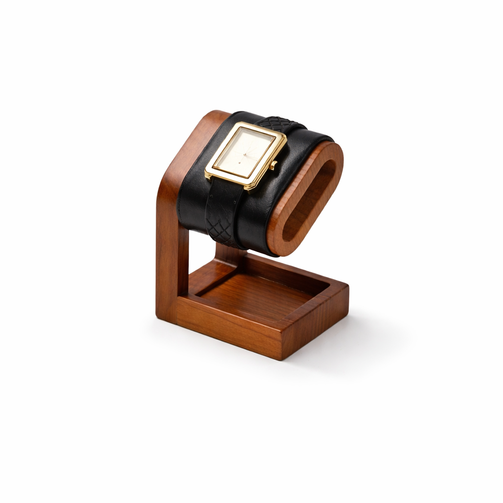 SUPPORT DE MONTRE EN BOIS ET CUIR - PORTE MONTRE POUR VITRINE