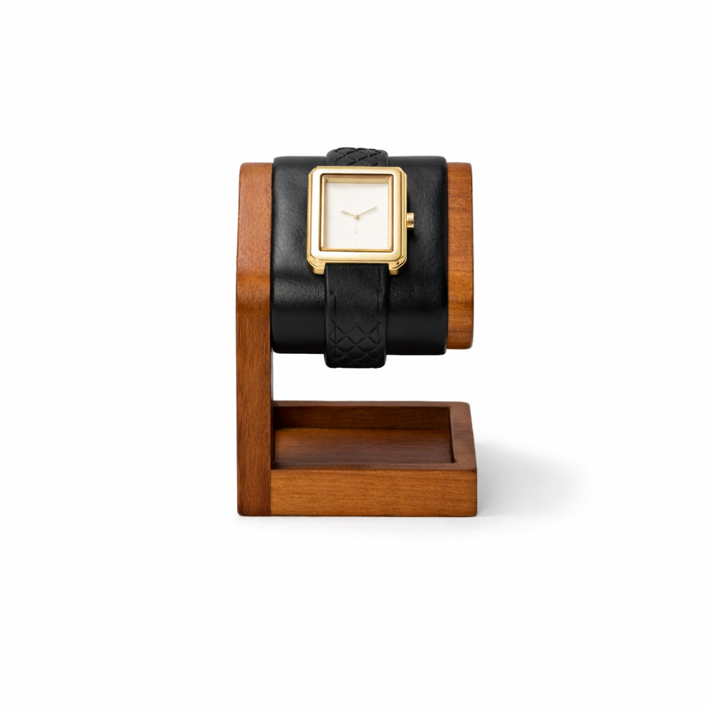 SUPPORT DE MONTRE EN BOIS ET CUIR - PORTE MONTRE POUR VITRINE